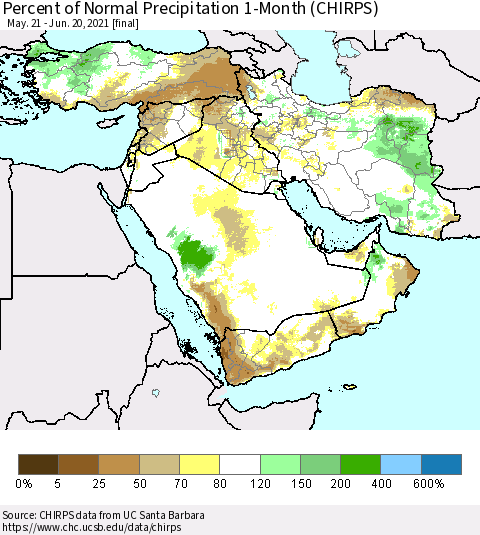 Middle East and Turkey Percent of Normal Precipitation 1-Month (CHIRPS) Thematic Map For 5/21/2021 - 6/20/2021