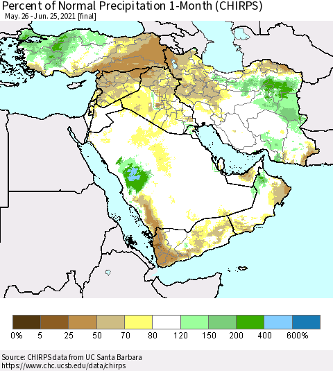 Middle East and Turkey Percent of Normal Precipitation 1-Month (CHIRPS) Thematic Map For 5/26/2021 - 6/25/2021