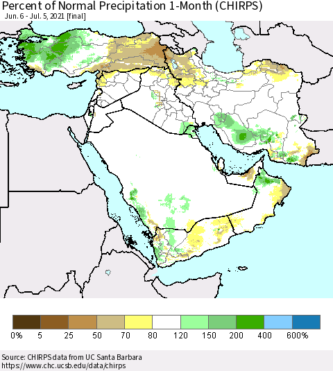Middle East and Turkey Percent of Normal Precipitation 1-Month (CHIRPS) Thematic Map For 6/6/2021 - 7/5/2021