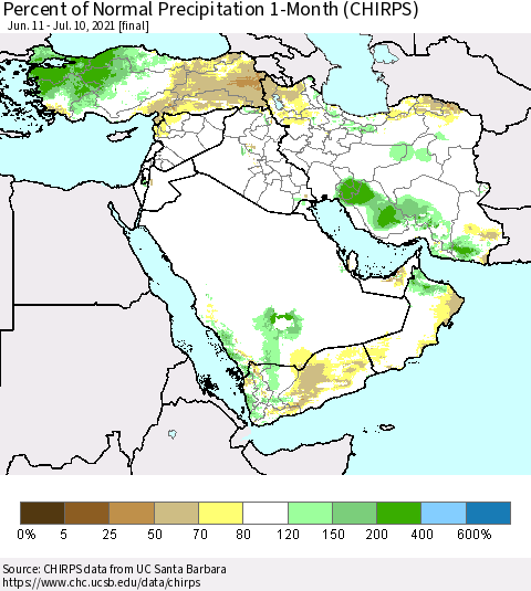 Middle East and Turkey Percent of Normal Precipitation 1-Month (CHIRPS) Thematic Map For 6/11/2021 - 7/10/2021