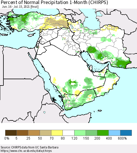Middle East and Turkey Percent of Normal Precipitation 1-Month (CHIRPS) Thematic Map For 6/16/2021 - 7/15/2021