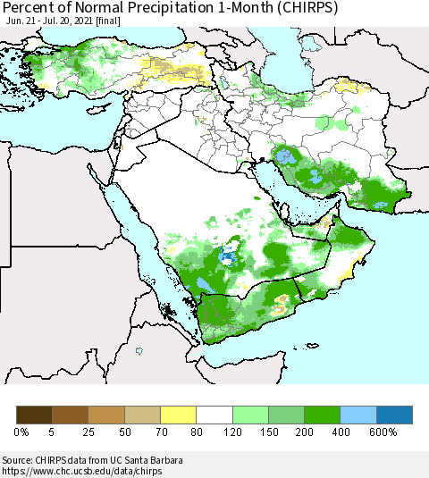 Middle East and Turkey Percent of Normal Precipitation 1-Month (CHIRPS) Thematic Map For 6/21/2021 - 7/20/2021