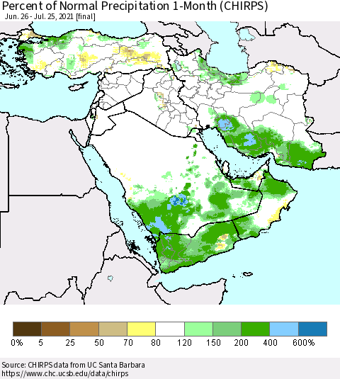 Middle East and Turkey Percent of Normal Precipitation 1-Month (CHIRPS) Thematic Map For 6/26/2021 - 7/25/2021