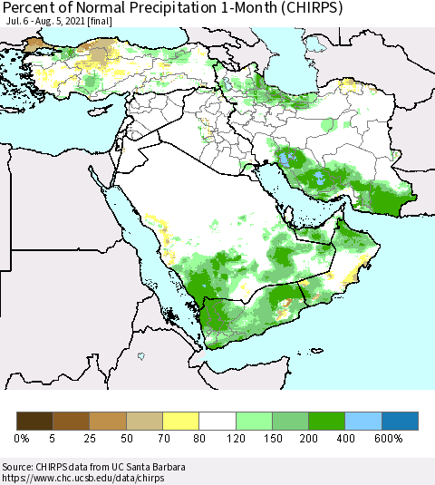 Middle East and Turkey Percent of Normal Precipitation 1-Month (CHIRPS) Thematic Map For 7/6/2021 - 8/5/2021