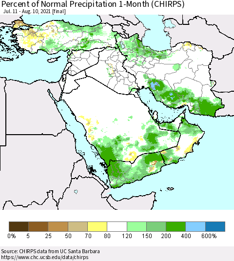 Middle East and Turkey Percent of Normal Precipitation 1-Month (CHIRPS) Thematic Map For 7/11/2021 - 8/10/2021