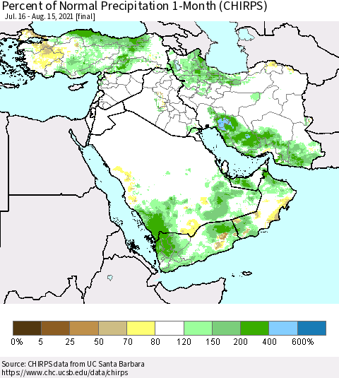 Middle East and Turkey Percent of Normal Precipitation 1-Month (CHIRPS) Thematic Map For 7/16/2021 - 8/15/2021