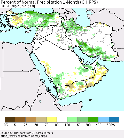 Middle East and Turkey Percent of Normal Precipitation 1-Month (CHIRPS) Thematic Map For 7/21/2021 - 8/20/2021