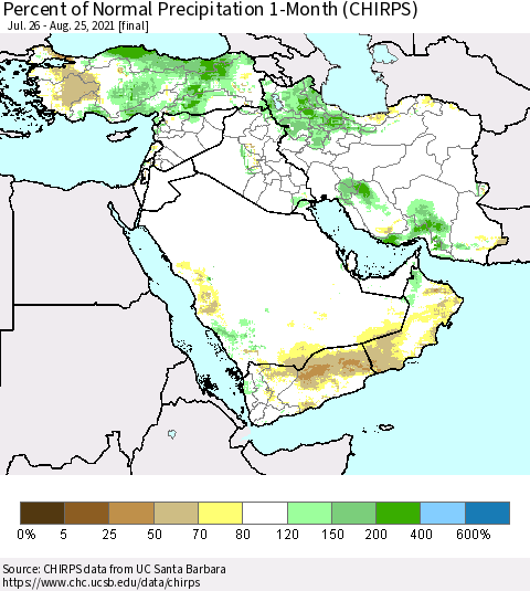 Middle East and Turkey Percent of Normal Precipitation 1-Month (CHIRPS) Thematic Map For 7/26/2021 - 8/25/2021