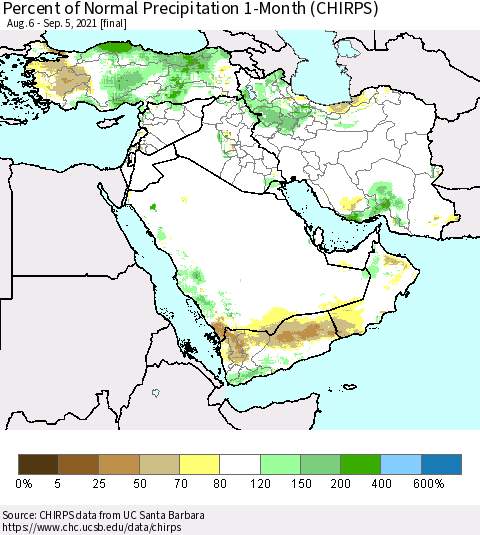 Middle East and Turkey Percent of Normal Precipitation 1-Month (CHIRPS) Thematic Map For 8/6/2021 - 9/5/2021