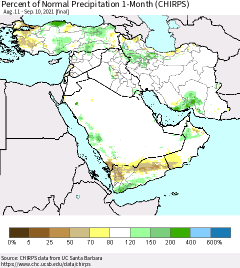Middle East and Turkey Percent of Normal Precipitation 1-Month (CHIRPS) Thematic Map For 8/11/2021 - 9/10/2021