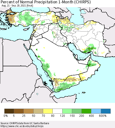 Middle East and Turkey Percent of Normal Precipitation 1-Month (CHIRPS) Thematic Map For 8/21/2021 - 9/20/2021