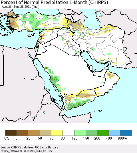 Middle East and Turkey Percent of Normal Precipitation 1-Month (CHIRPS) Thematic Map For 8/26/2021 - 9/25/2021