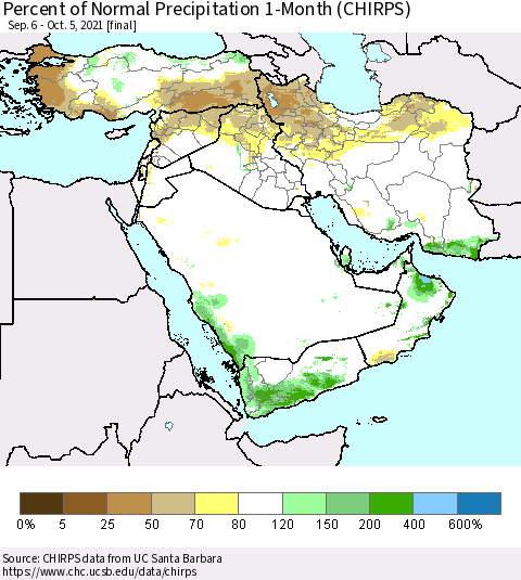 Middle East and Turkey Percent of Normal Precipitation 1-Month (CHIRPS) Thematic Map For 9/6/2021 - 10/5/2021