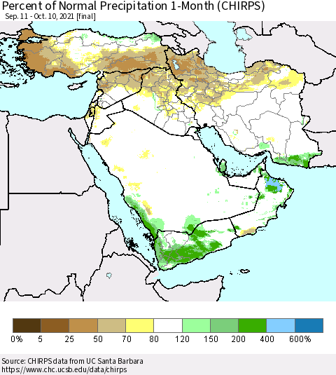Middle East and Turkey Percent of Normal Precipitation 1-Month (CHIRPS) Thematic Map For 9/11/2021 - 10/10/2021