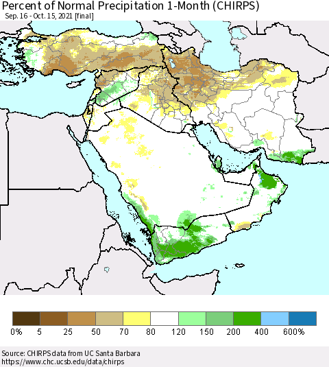Middle East and Turkey Percent of Normal Precipitation 1-Month (CHIRPS) Thematic Map For 9/16/2021 - 10/15/2021