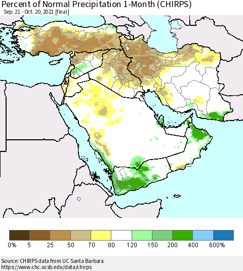 Middle East and Turkey Percent of Normal Precipitation 1-Month (CHIRPS) Thematic Map For 9/21/2021 - 10/20/2021