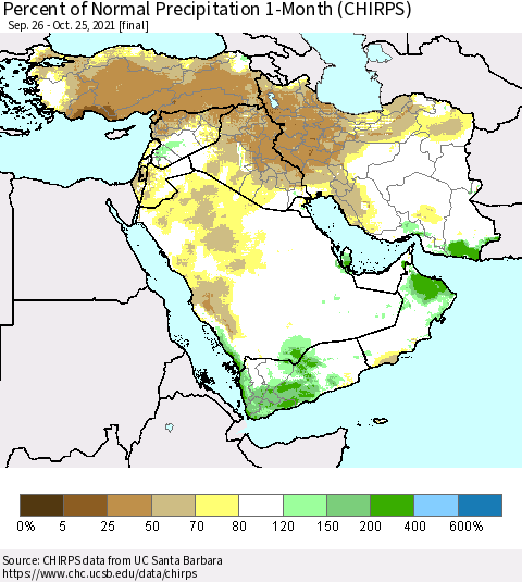 Middle East and Turkey Percent of Normal Precipitation 1-Month (CHIRPS) Thematic Map For 9/26/2021 - 10/25/2021