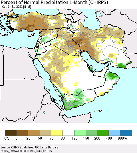 Middle East and Turkey Percent of Normal Precipitation 1-Month (CHIRPS) Thematic Map For 10/1/2021 - 10/31/2021