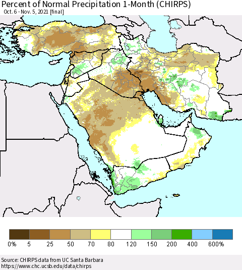 Middle East and Turkey Percent of Normal Precipitation 1-Month (CHIRPS) Thematic Map For 10/6/2021 - 11/5/2021