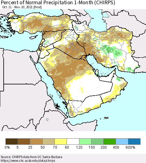 Middle East and Turkey Percent of Normal Precipitation 1-Month (CHIRPS) Thematic Map For 10/11/2021 - 11/10/2021