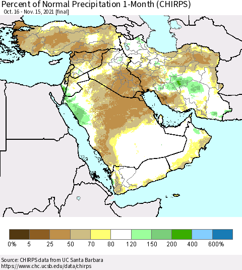 Middle East and Turkey Percent of Normal Precipitation 1-Month (CHIRPS) Thematic Map For 10/16/2021 - 11/15/2021