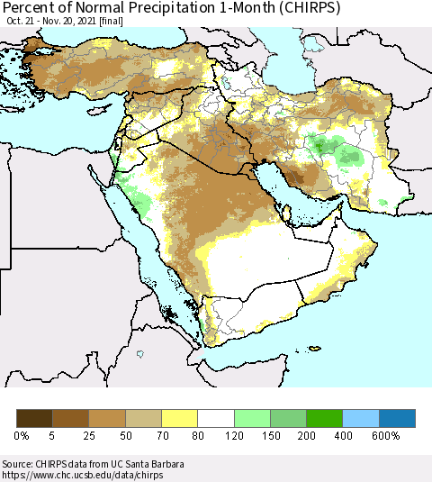 Middle East and Turkey Percent of Normal Precipitation 1-Month (CHIRPS) Thematic Map For 10/21/2021 - 11/20/2021