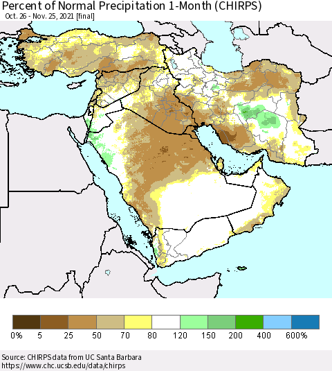 Middle East and Turkey Percent of Normal Precipitation 1-Month (CHIRPS) Thematic Map For 10/26/2021 - 11/25/2021