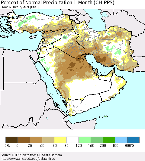 Middle East and Turkey Percent of Normal Precipitation 1-Month (CHIRPS) Thematic Map For 11/6/2021 - 12/5/2021