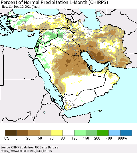 Middle East and Turkey Percent of Normal Precipitation 1-Month (CHIRPS) Thematic Map For 11/11/2021 - 12/10/2021