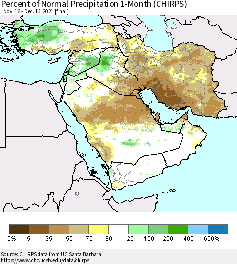 Middle East and Turkey Percent of Normal Precipitation 1-Month (CHIRPS) Thematic Map For 11/16/2021 - 12/15/2021