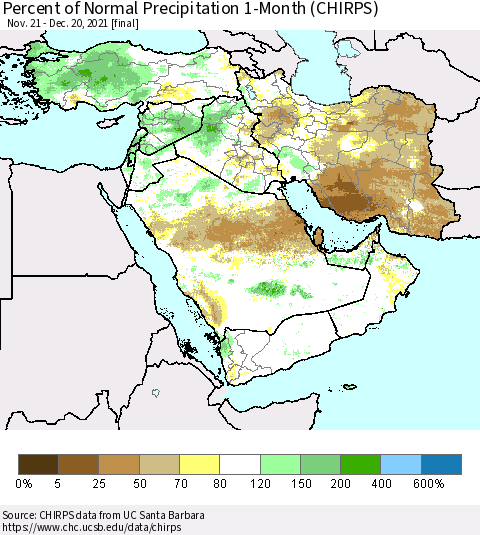 Middle East and Turkey Percent of Normal Precipitation 1-Month (CHIRPS) Thematic Map For 11/21/2021 - 12/20/2021