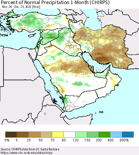 Middle East and Turkey Percent of Normal Precipitation 1-Month (CHIRPS) Thematic Map For 11/26/2021 - 12/25/2021
