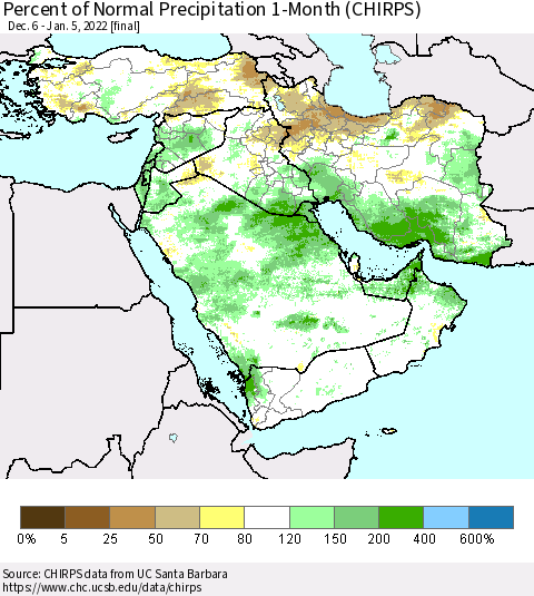 Middle East and Turkey Percent of Normal Precipitation 1-Month (CHIRPS) Thematic Map For 12/6/2021 - 1/5/2022