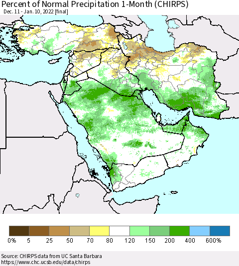 Middle East and Turkey Percent of Normal Precipitation 1-Month (CHIRPS) Thematic Map For 12/11/2021 - 1/10/2022