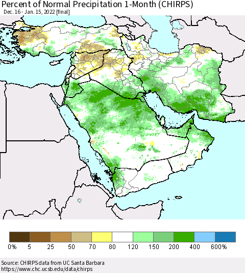 Middle East and Turkey Percent of Normal Precipitation 1-Month (CHIRPS) Thematic Map For 12/16/2021 - 1/15/2022