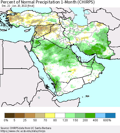 Middle East and Turkey Percent of Normal Precipitation 1-Month (CHIRPS) Thematic Map For 12/21/2021 - 1/20/2022