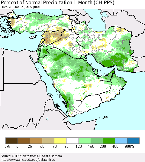 Middle East and Turkey Percent of Normal Precipitation 1-Month (CHIRPS) Thematic Map For 12/26/2021 - 1/25/2022