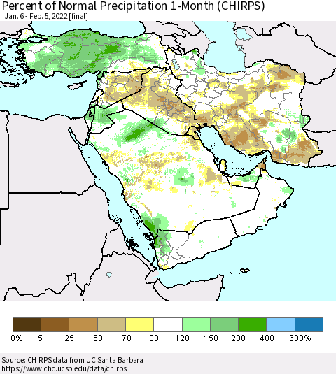 Middle East and Turkey Percent of Normal Precipitation 1-Month (CHIRPS) Thematic Map For 1/6/2022 - 2/5/2022