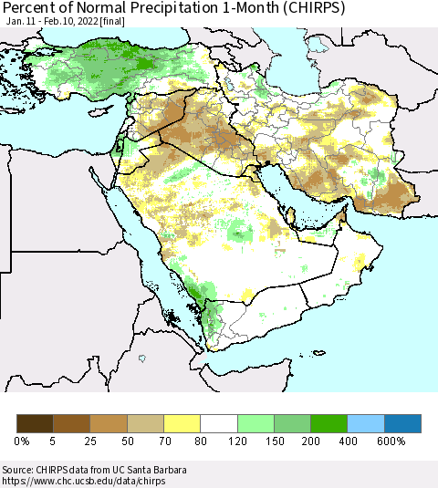 Middle East and Turkey Percent of Normal Precipitation 1-Month (CHIRPS) Thematic Map For 1/11/2022 - 2/10/2022