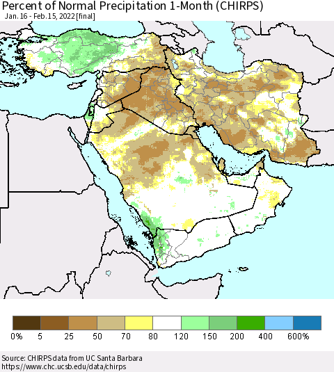 Middle East and Turkey Percent of Normal Precipitation 1-Month (CHIRPS) Thematic Map For 1/16/2022 - 2/15/2022