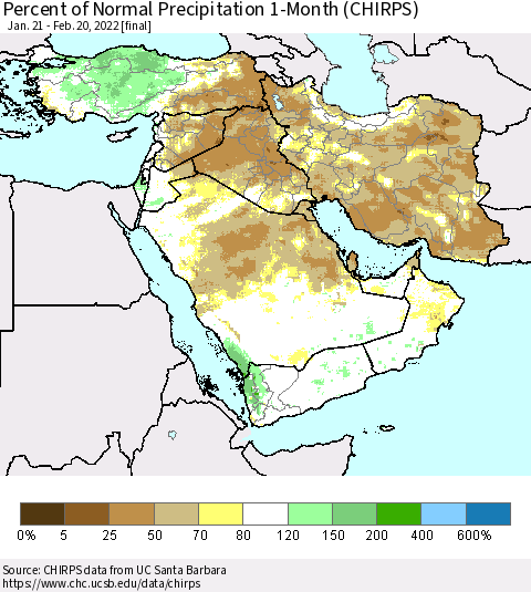 Middle East and Turkey Percent of Normal Precipitation 1-Month (CHIRPS) Thematic Map For 1/21/2022 - 2/20/2022