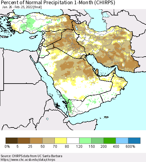 Middle East and Turkey Percent of Normal Precipitation 1-Month (CHIRPS) Thematic Map For 1/26/2022 - 2/25/2022
