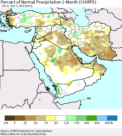 Middle East and Turkey Percent of Normal Precipitation 1-Month (CHIRPS) Thematic Map For 2/6/2022 - 3/5/2022