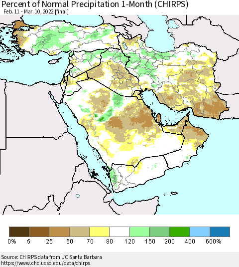 Middle East and Turkey Percent of Normal Precipitation 1-Month (CHIRPS) Thematic Map For 2/11/2022 - 3/10/2022