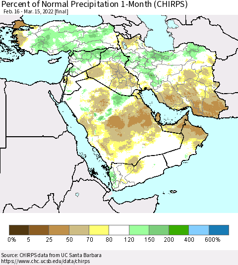 Middle East and Turkey Percent of Normal Precipitation 1-Month (CHIRPS) Thematic Map For 2/16/2022 - 3/15/2022