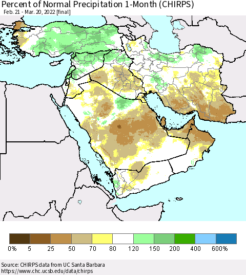 Middle East and Turkey Percent of Normal Precipitation 1-Month (CHIRPS) Thematic Map For 2/21/2022 - 3/20/2022