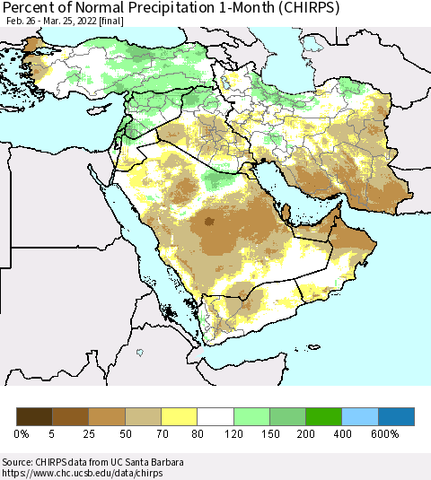 Middle East and Turkey Percent of Normal Precipitation 1-Month (CHIRPS) Thematic Map For 2/26/2022 - 3/25/2022