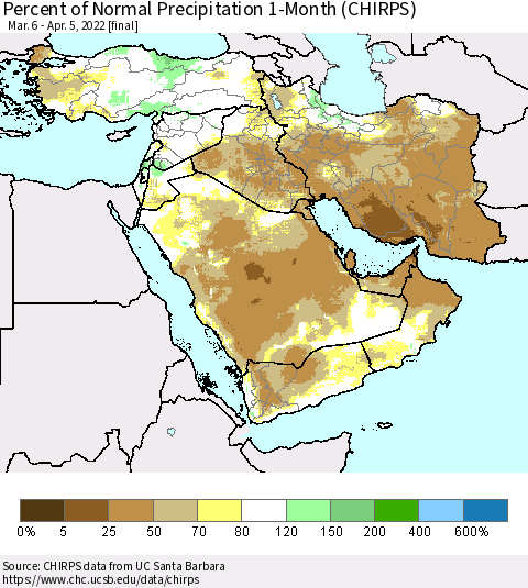 Middle East and Turkey Percent of Normal Precipitation 1-Month (CHIRPS) Thematic Map For 3/6/2022 - 4/5/2022