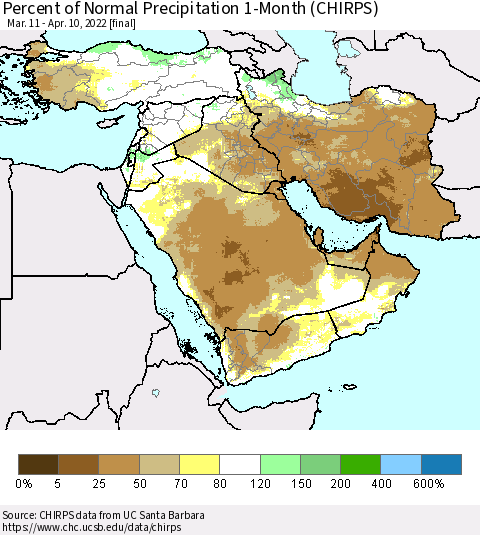 Middle East and Turkey Percent of Normal Precipitation 1-Month (CHIRPS) Thematic Map For 3/11/2022 - 4/10/2022