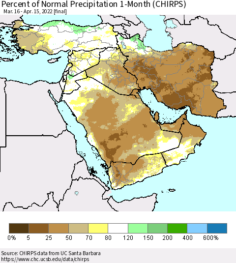 Middle East and Turkey Percent of Normal Precipitation 1-Month (CHIRPS) Thematic Map For 3/16/2022 - 4/15/2022